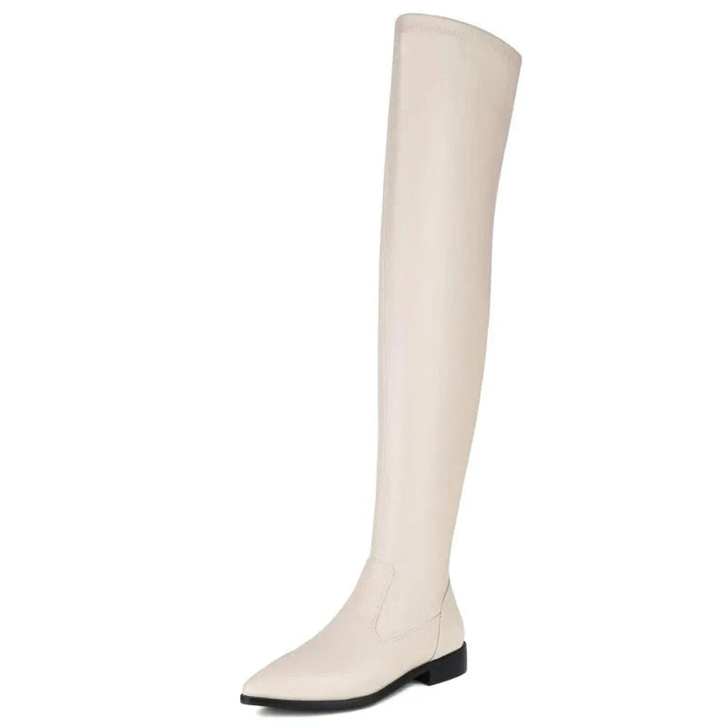 A single beige Merendy Solilman thigh-high boot shown from the side, with a pointed toe and low block heel, minimalist and elegant.