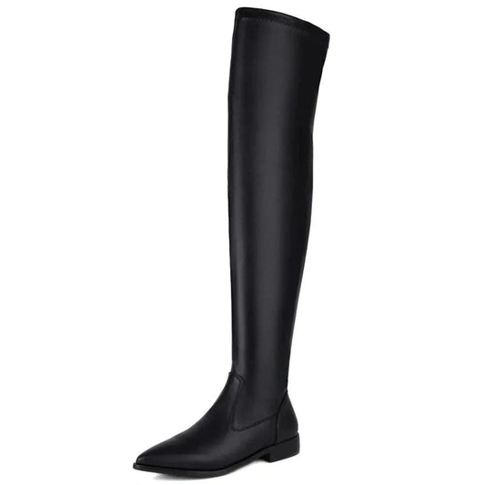 A single black thigh-high Merendy Solilman boot shown from the side, highlighting the sleek pointed toe and low block heel.