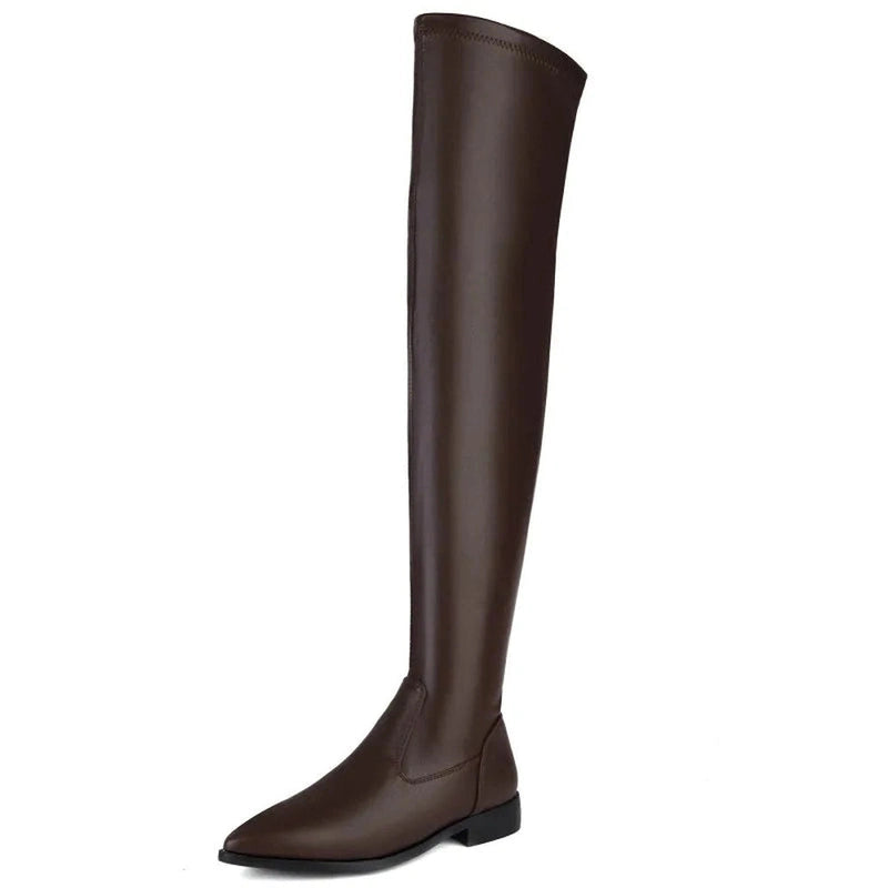 A single brown Merendy Solilman thigh-high boot shown from the side, featuring a sleek pointed toe, soft finish, and low block heel.