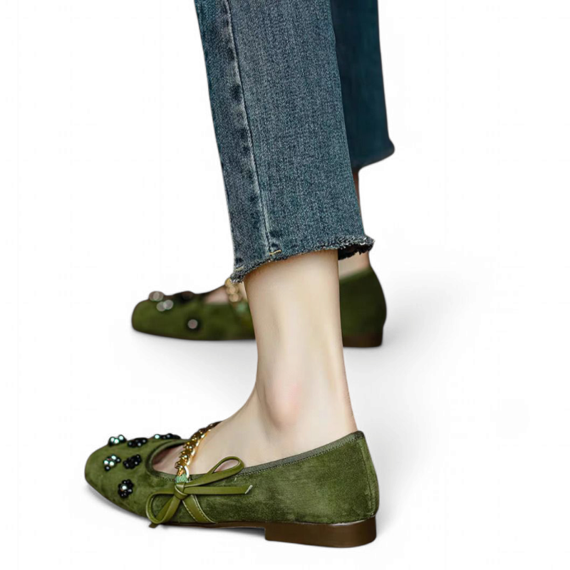Olive ballerina with gold chain and side bow paired with cropped denim.