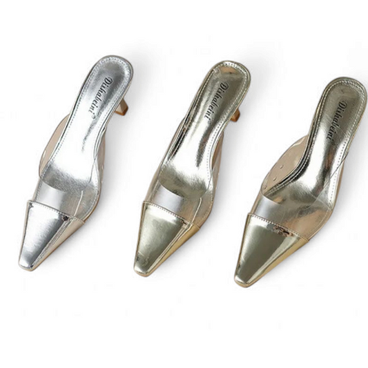 Three mules arranged silver-to-gold, displaying the color options