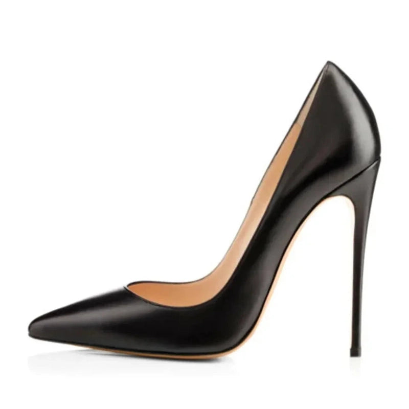 Side view of black stiletto pump with slim high heel