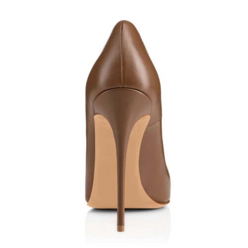 Rear view of a brown stiletto pump showing 12 cm heel and sole curve