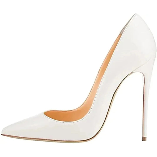 White stiletto pump, pointed toe, super‑high heel
