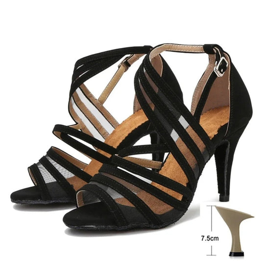Black Latin sandals, mesh + suede straps, three-quarter pair view with 7.5 cm marker.
