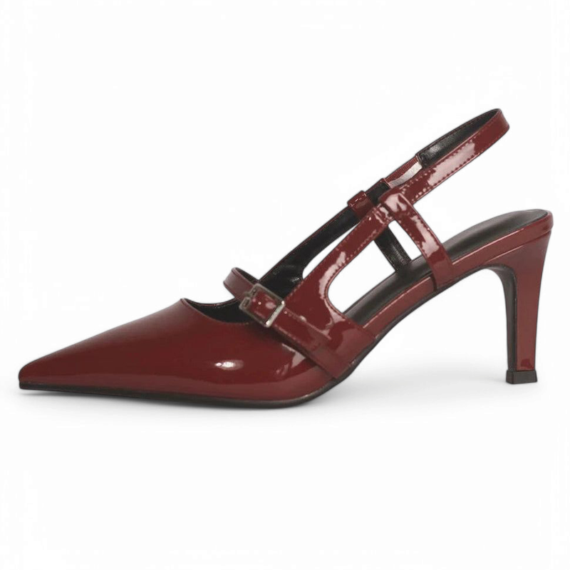 Side profile of the burgundy pair showing cut-out straps and tiny front buckle