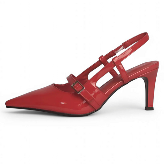 Red variant highlighting pointed toe and elasticated slingback