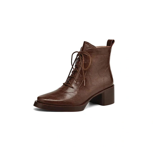 Side view of Merendy Tarek brown leather Victorian boots with lace-up closure, round toe design, and 5cm square heel.
