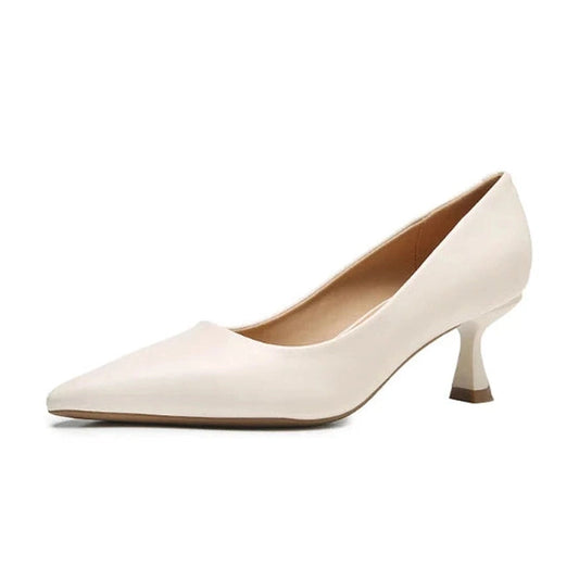 Side profile of beige pump with flared 6 cm kitten heel