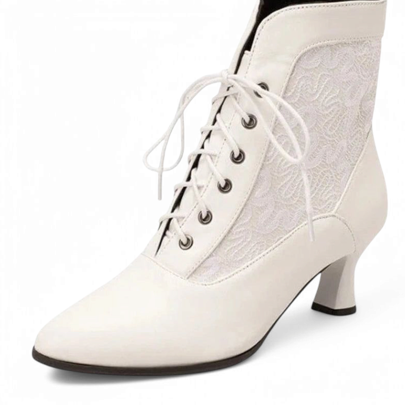 Single white Victorian-style ankle boot shown from a front-side angle on a white background, highlighting the lace-up design and kitten heel.
