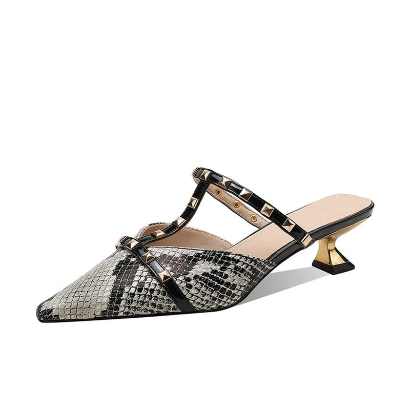 Side product shot of beige python mule with gold kitten heel, white background