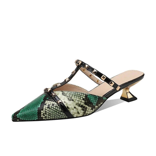 Side product image of green python mule with gold kitten heel, white backdrop