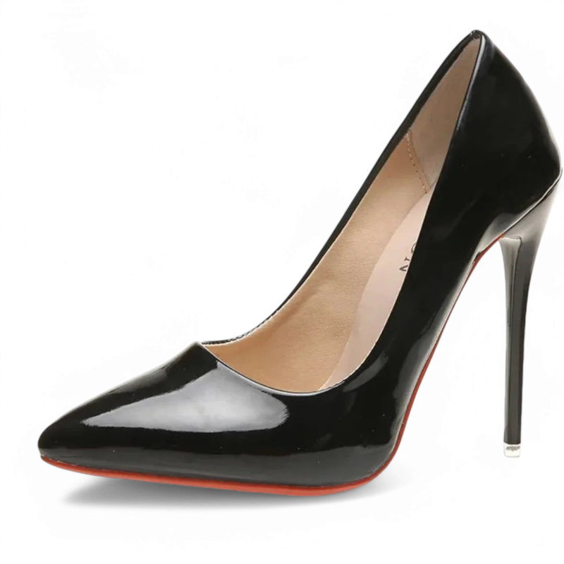 Classic black patent pump without ankle strap, red sole visible.
