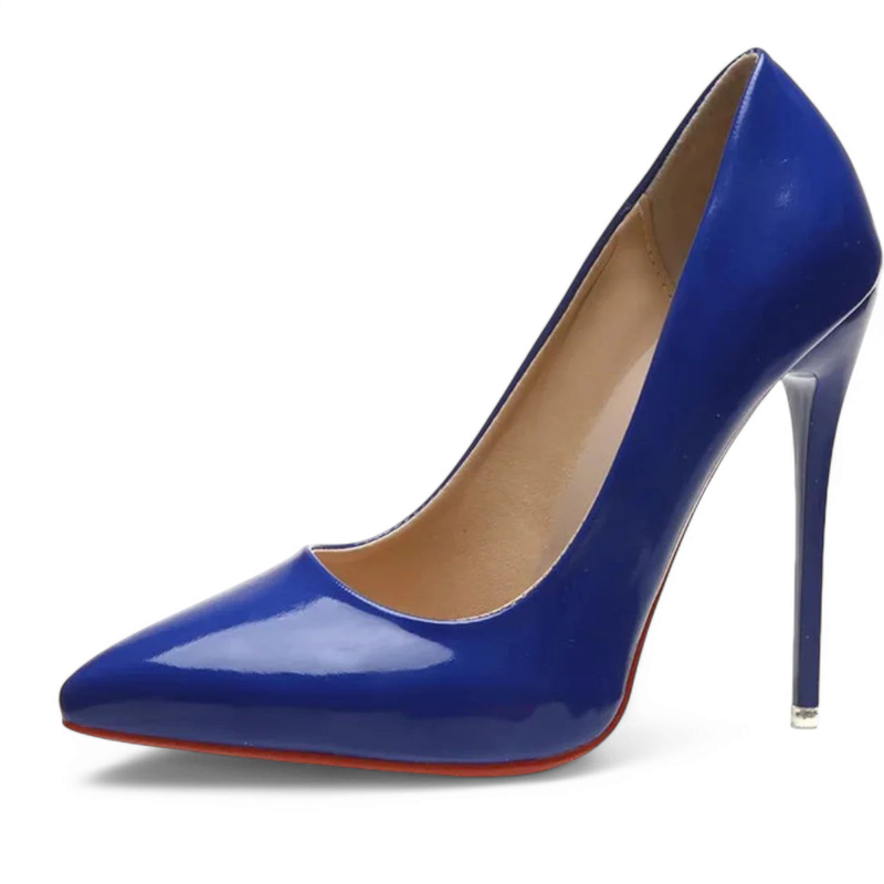 Single royal‑blue patent pump with pointed toe and red sole
