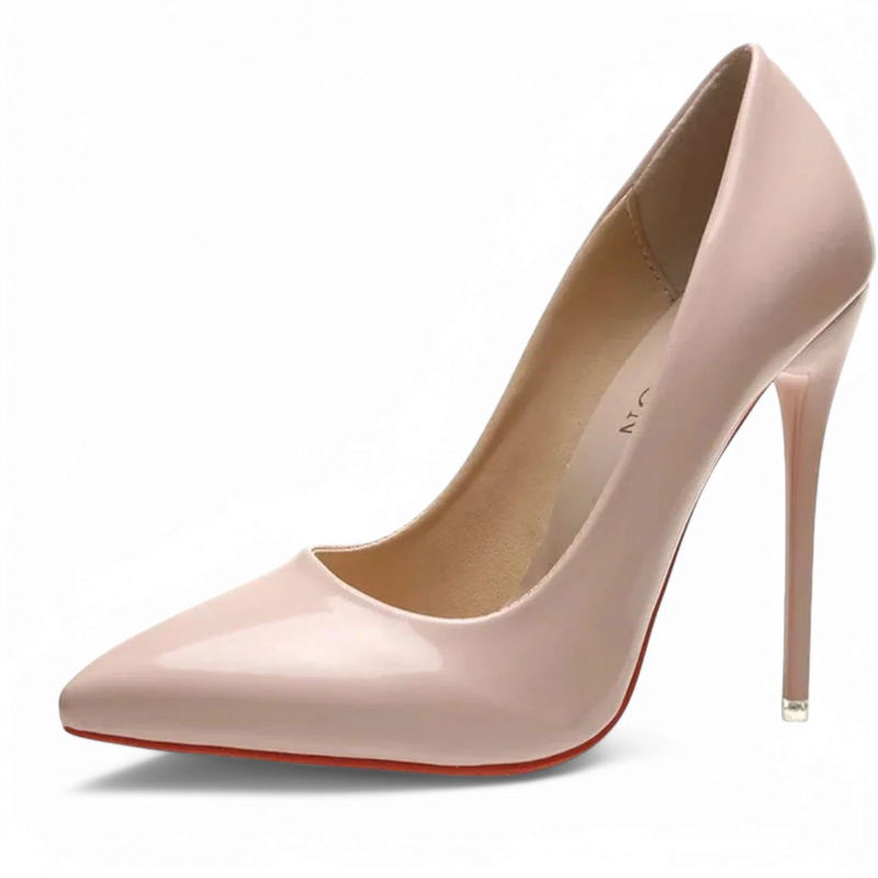 Blush‑pink patent pump with pointed toe and high stiletto heel