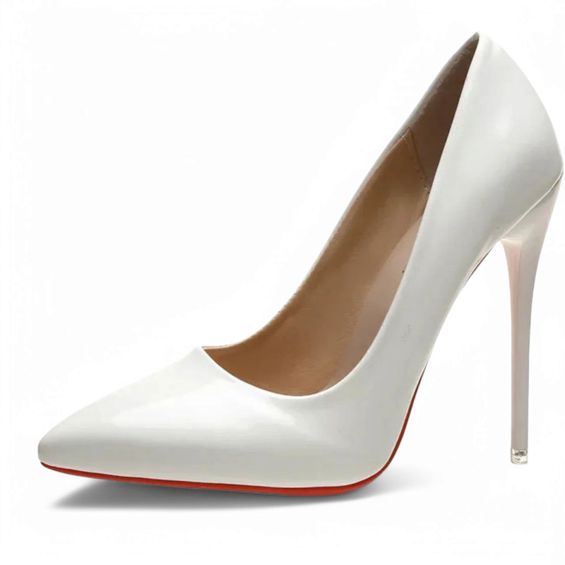 White patent pump, pointed toe, slim stiletto heel, red outsole