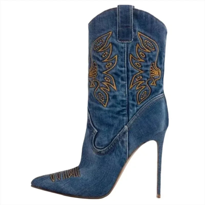 Single side profile of denim stiletto boot, showcasing embroidery and contoured cut