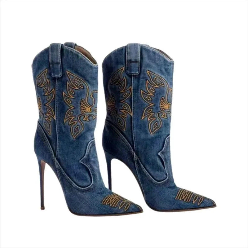 Three-quarter view of denim stiletto boots, highlighting shaft length and sleek lines