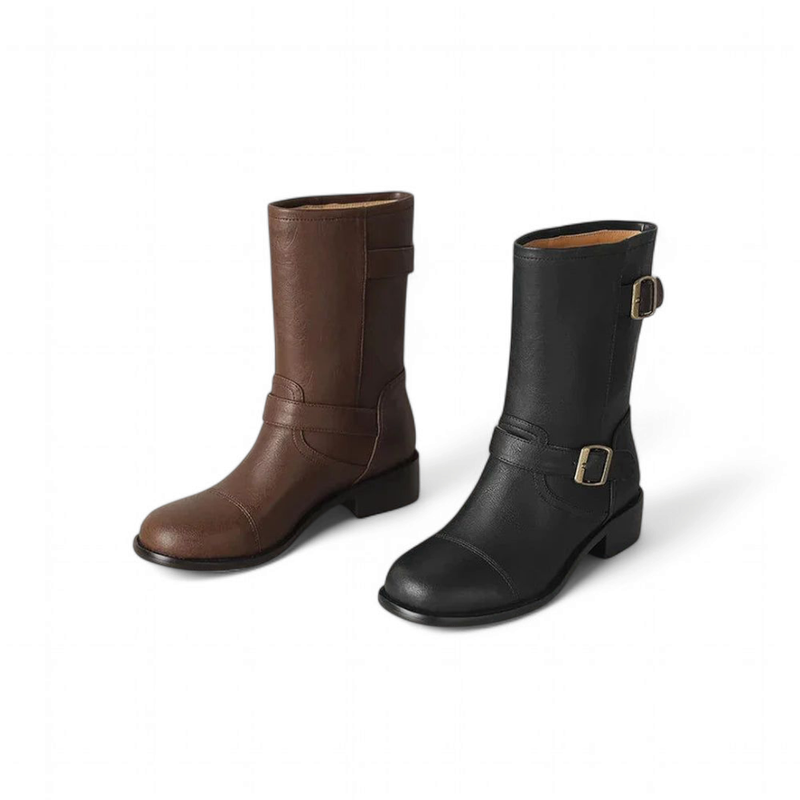 Two Merendy wide-calf boots shown together in different colors—black and brown—with visible round toes, mid square heels, and buckle straps on each. The photo highlights the color options and identical design details of both boots.