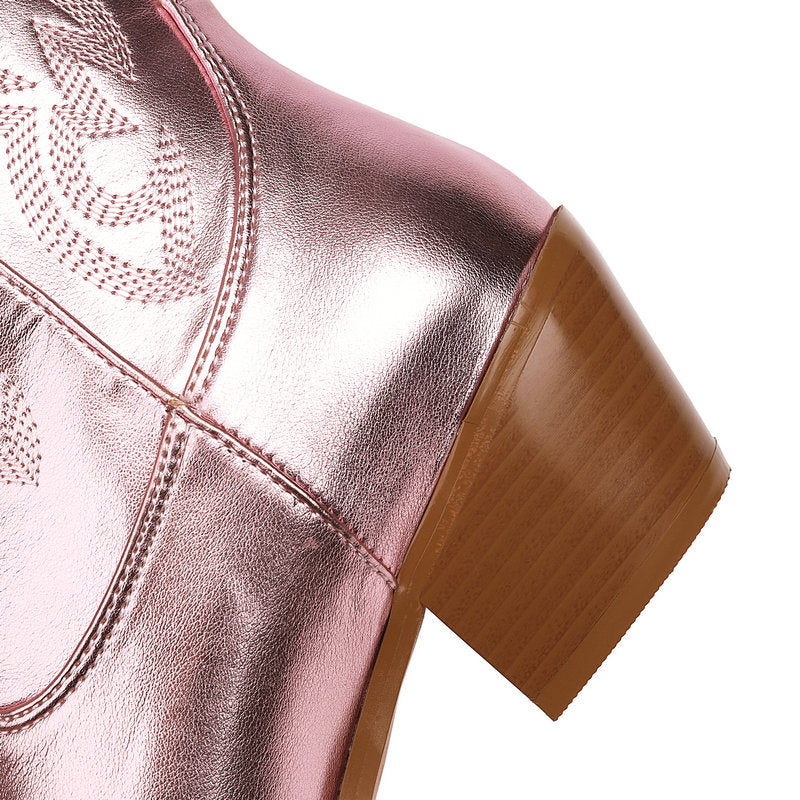 Detail of angled brown block heel under pink metallic upper.