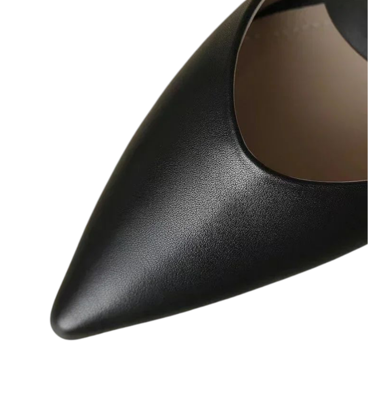 Macro shot of the sleek black pointed toe.