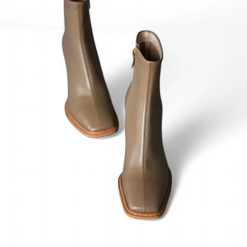Top view of Ranya leather boots with square toe and mid block heel