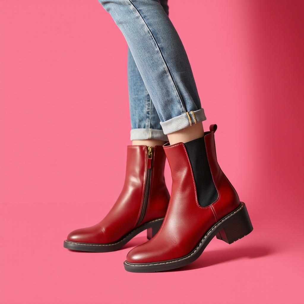 Women’s red leather Chelsea ankle boots with a round toe, mid block heel, black elastic side panel and side zipper, black sole with visible stitching. Shown on-foot with rolled jeans against a pink background.