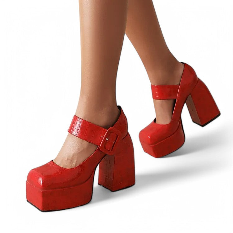 Merendy Handia Square Toe Chunky Heel Mary Jane Pumps Shoes