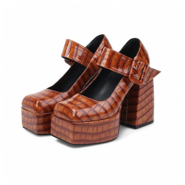Merendy Handia Square Toe Chunky Heel Mary Jane Pumps Shoes