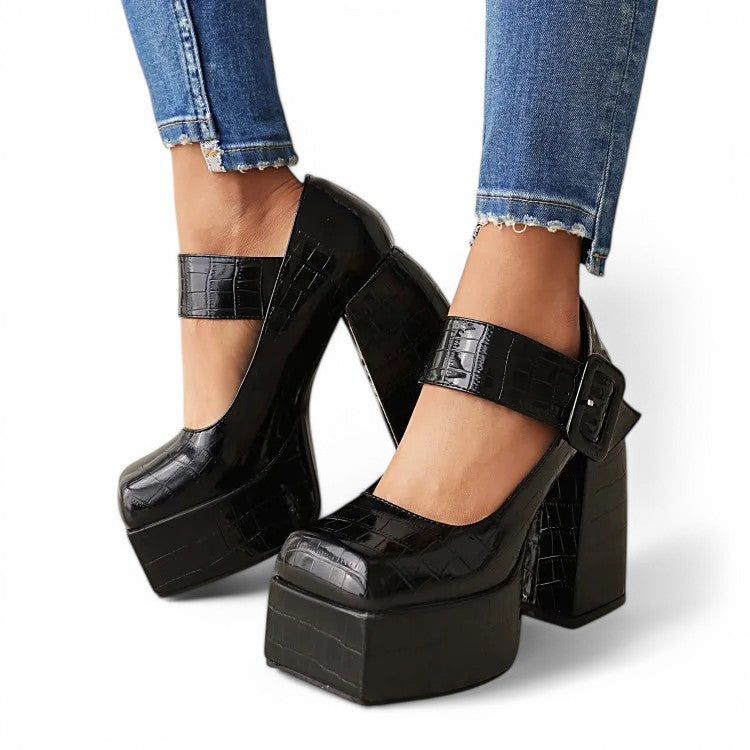 Merendy Handia Square Toe Chunky Heel Mary Jane Pumps Shoes