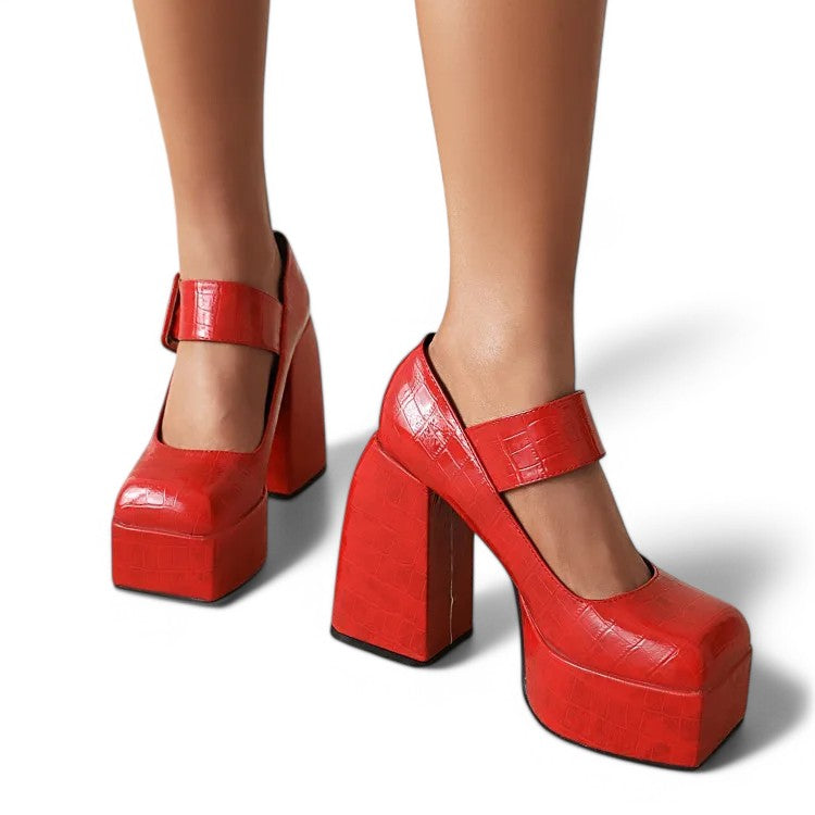 Merendy Handia Square Toe Chunky Heel Mary Jane Pumps Shoes