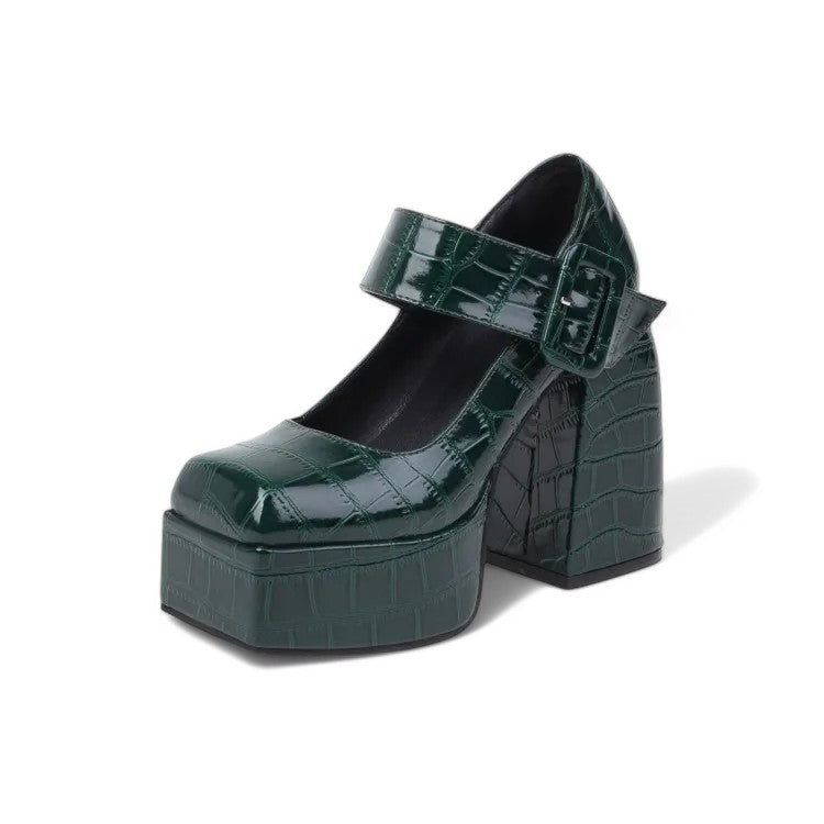 Merendy Handia Square Toe Chunky Heel Mary Jane Pumps Shoes