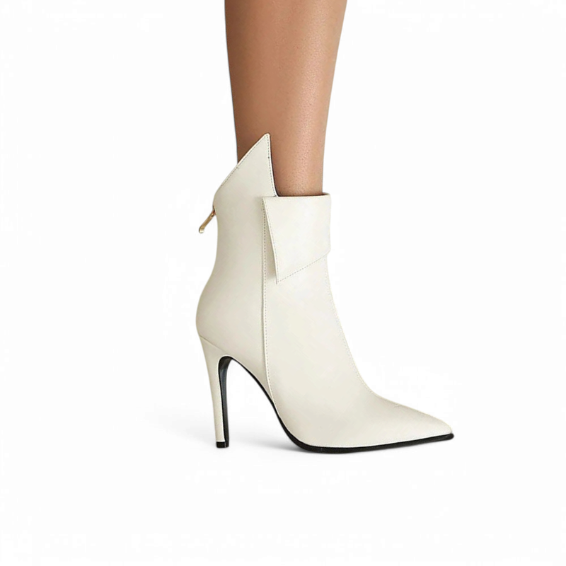 Close side view of white boot, zipper pull visible at back, pointed toe emphasized.