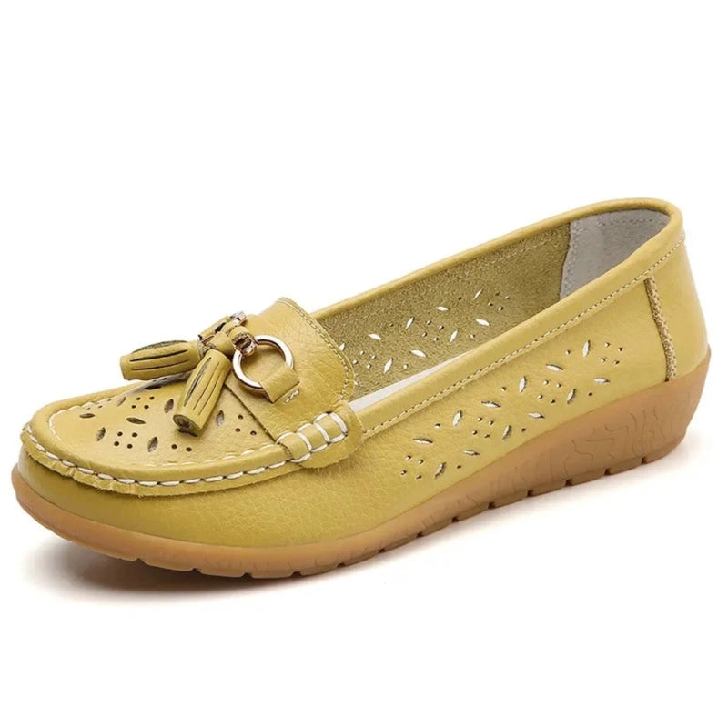 Light olive loafer showing perforated upper and low sole