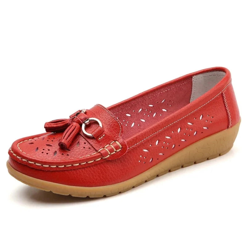 Bright red loafer, square toe, tan rubber sole	