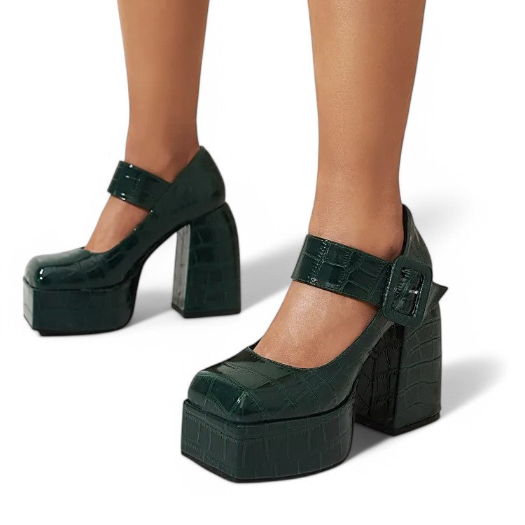 Merendy Handia Square Toe Chunky Heel Mary Jane Pumps Shoes