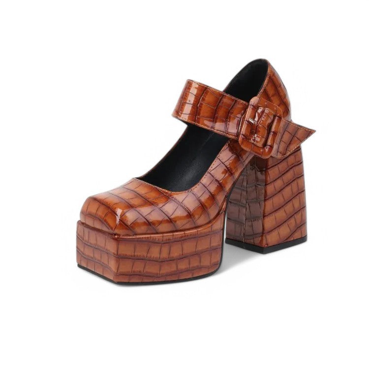 Merendy Handia Square Toe Chunky Heel Mary Jane Pumps Shoes