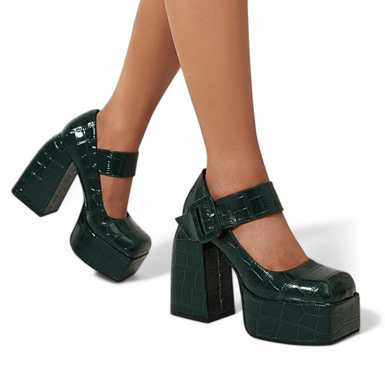Merendy Handia Square Toe Chunky Heel Mary Jane Pumps Shoes