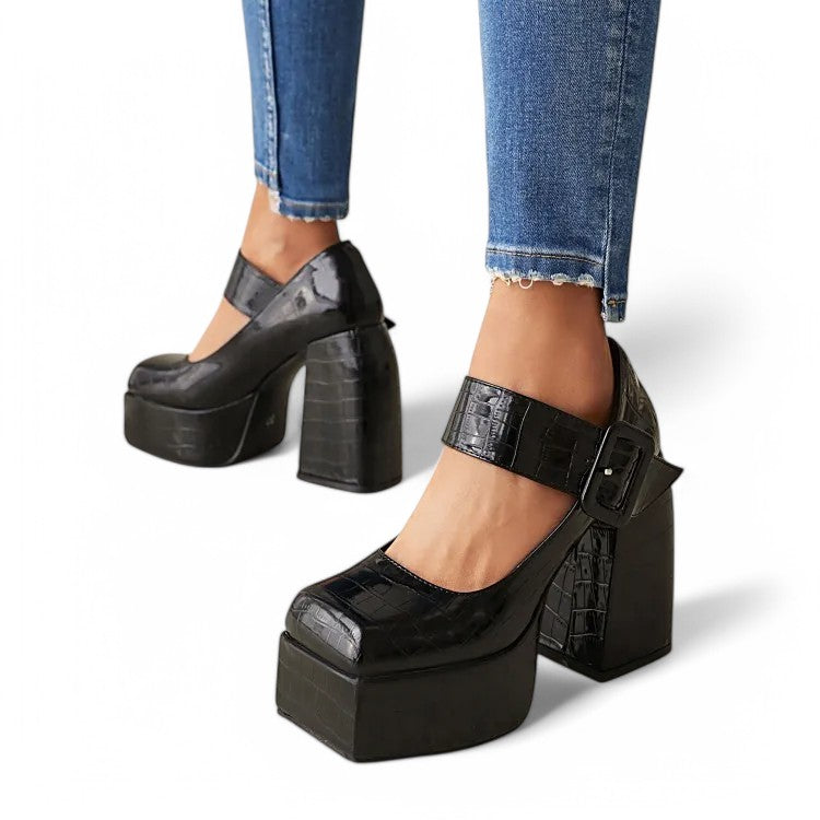 Merendy Handia Square Toe Chunky Heel Mary Jane Pumps Shoes