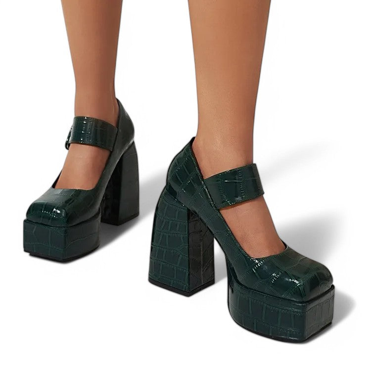 Merendy Handia Square Toe Chunky Heel Mary Jane Pumps Shoes