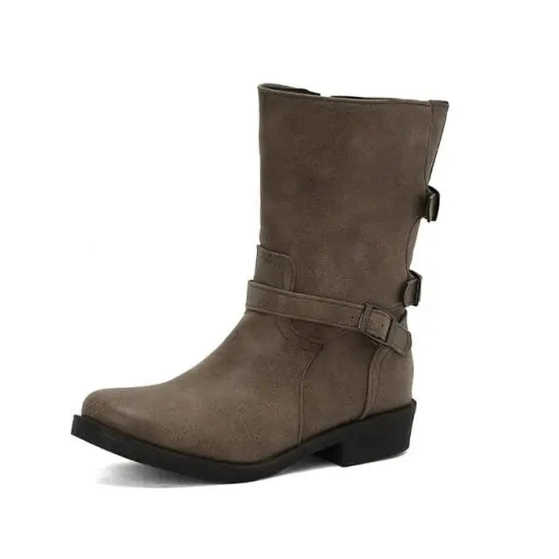 Side profile of the boots showing dual buckle accents, low square heel, and wide-calf fit in gray.