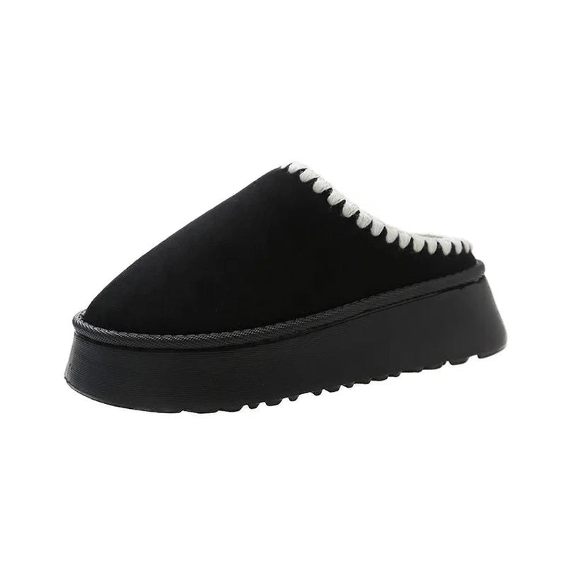 A black platform slipper in a clean slip-on design, without any faux fur detailing.