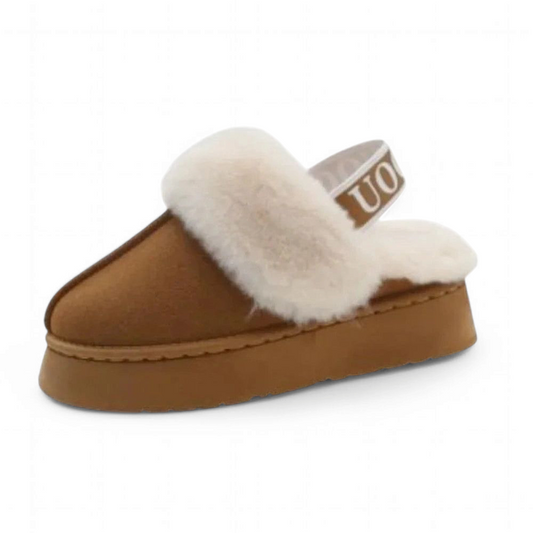 A brown slipper in side profile showing faux suede texture, white faux fur lining, and an elastic slingback strap with branding.