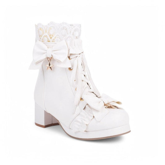 A single white Victorian-style boot shown from the side, featuring a block heel, round toe, lace-up front with satin bows, and delicate lace trim at the top.