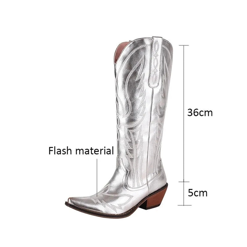 Silver metallic boot annotated with 36 cm shaft height and 5 cm heel.
