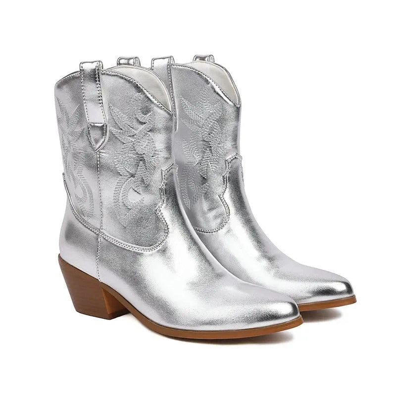 Studio view of metallic silver boot pair with matching brown heels.
