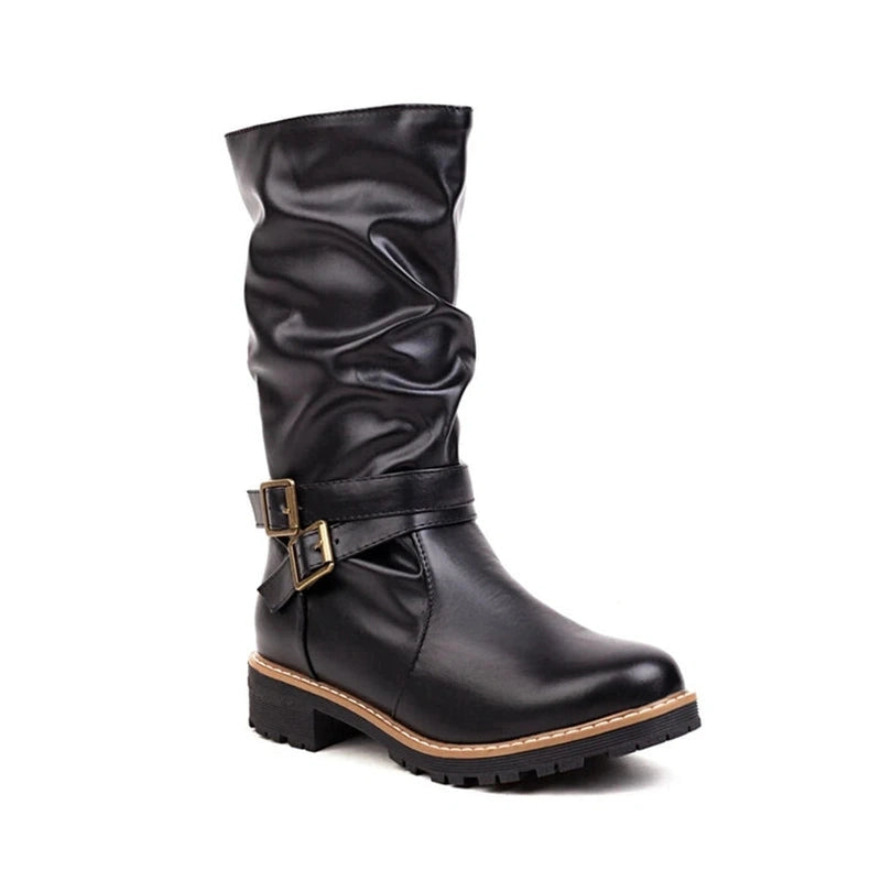 One Merendy Sassa black  boot photographed from the front, upright and centered, showcasing the round toe and relaxed upper.