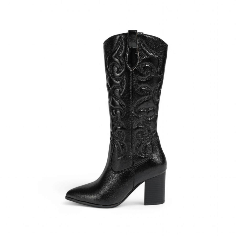 Black boot with scroll embroidery, tall shaft and sturdy block heel, side view.

