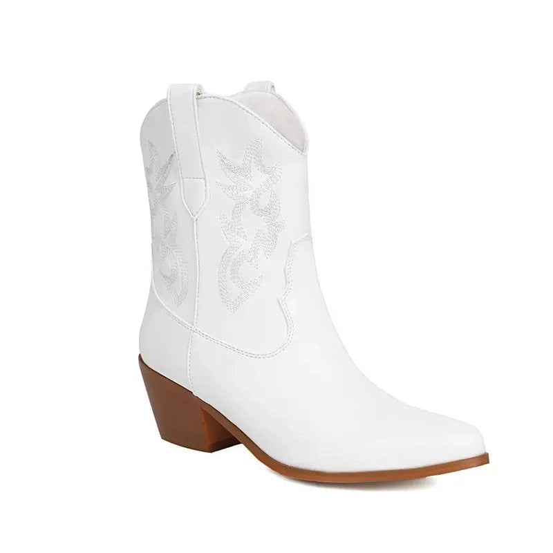 White western boot with subtle embroidery and angled brown block heel.
