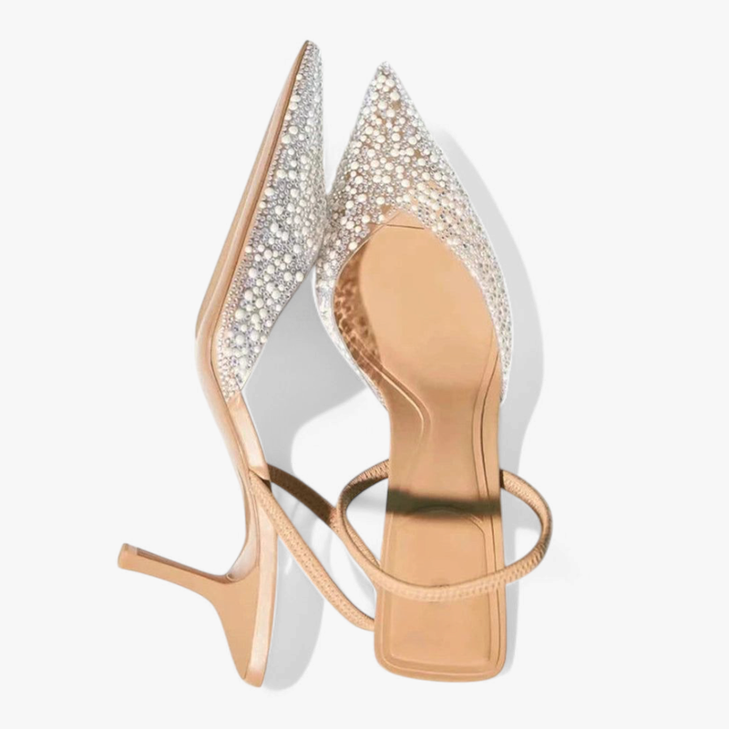 pearl slingbacks shot from above at an angle, showing slim heel
